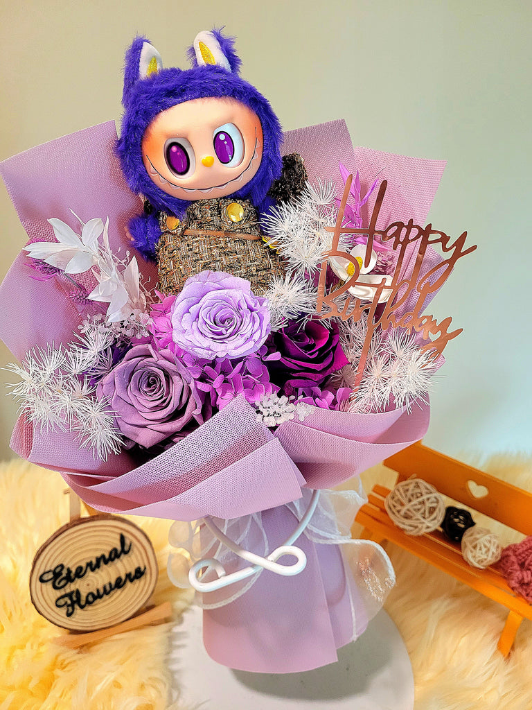 AUTHENTIC LABUBU Wings of Fortune Plush With High Esteem Purple Preserved Roses Bouquet.