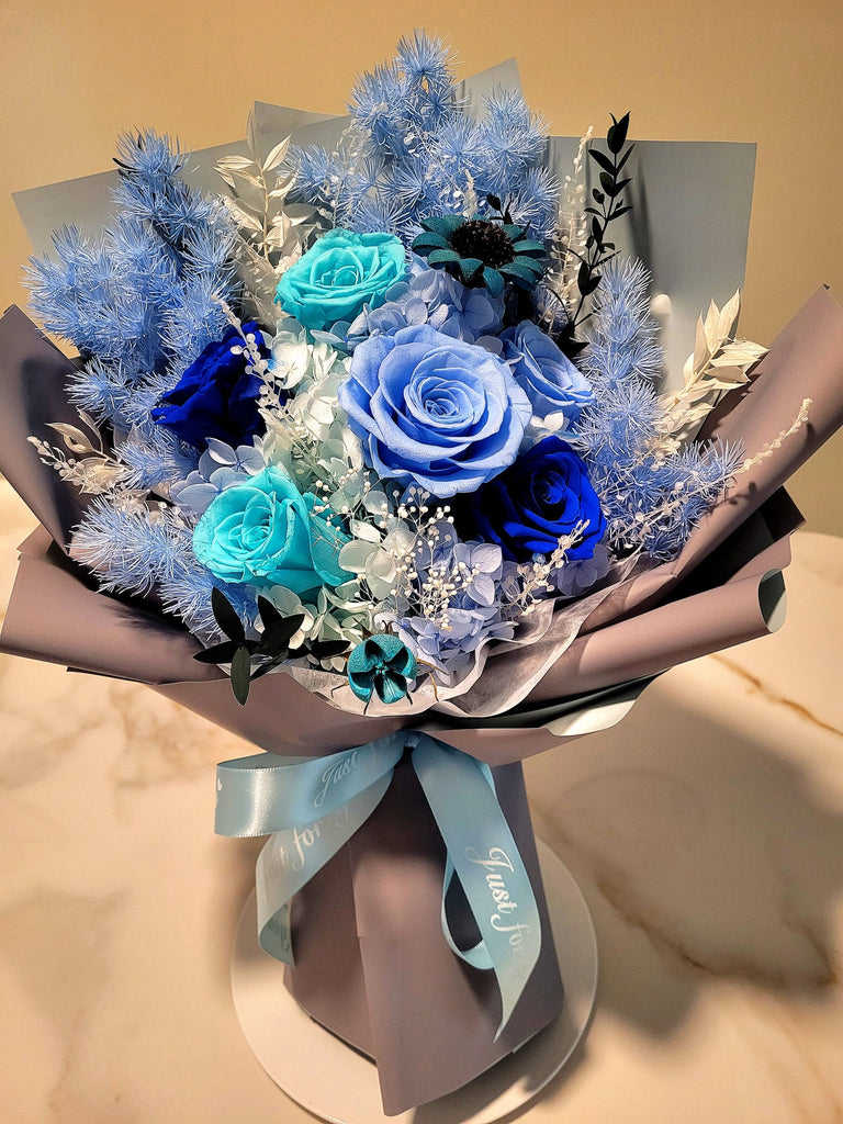 6 Stalks Eternal Elegance Blue Preserved Roses Bouquet