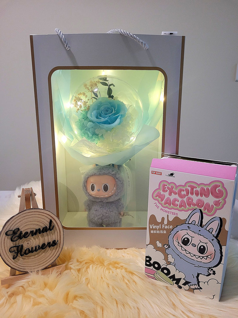 AUTHENTIC LABUBU Plush with Acrylic Ball Preserved Tiffany Rose Flowers Bouquet