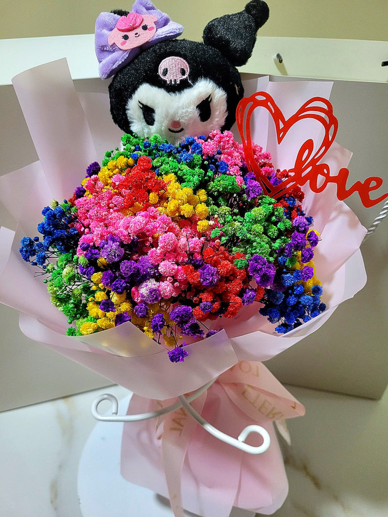 Eternal Blossoms Preserved Baby's Breath Bouquet With Kuromi Plush Toy.