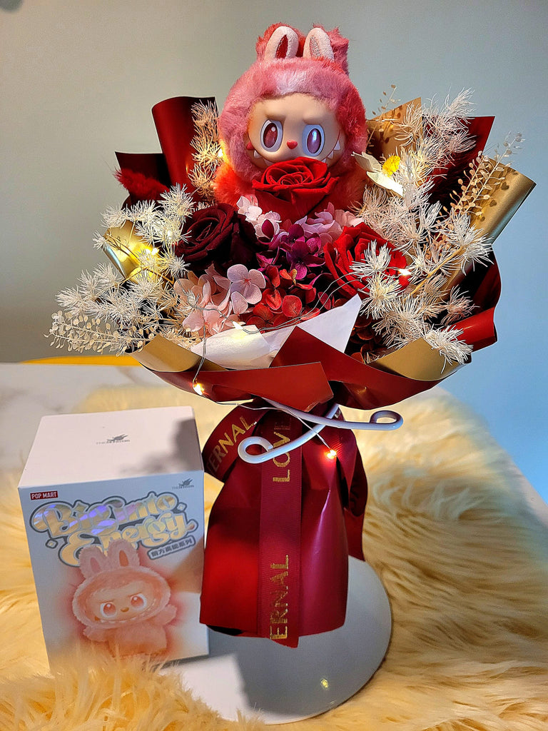 AUTHENTIC LABUBU Big Into Energy Plush With Timeless Romance Dark Red, Wine Red and Antique Red Preserved Roses Bouquet