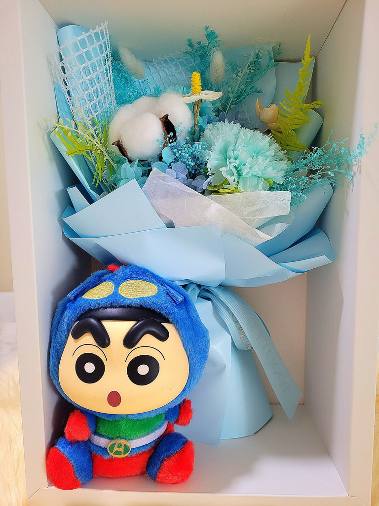 Eternal Blossoms Preserved Blue Carnation Bouquet With Crayon Shin-Chan Vinyl Plush