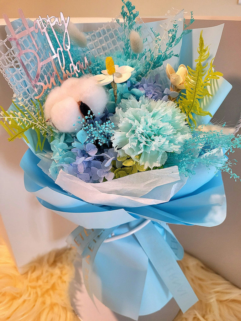 Eternal Blossoms Preserved Blue Carnation Bouquet. Same Day Delivery.