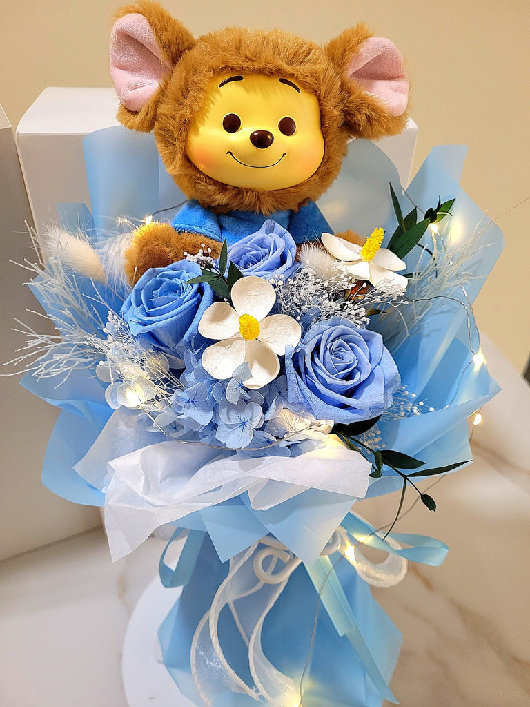 Premium Miniso Winnie The Pooh Plush With Timeless Romance Blue Preserved Roses Bouquet