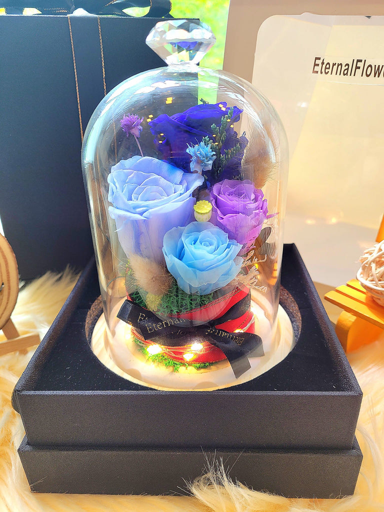 Blue and Purple Roses Personalised LED Preserved Flowers Dome. 100% High Quality Real Flowers. Same Day Delivery.