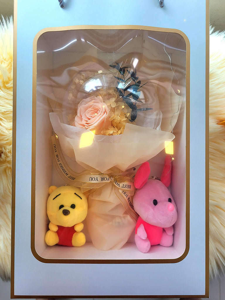 Acrylic Ball Preserved Champagne Rose Flowers Bouquet With Winnie The Pooh & Piglet Plush