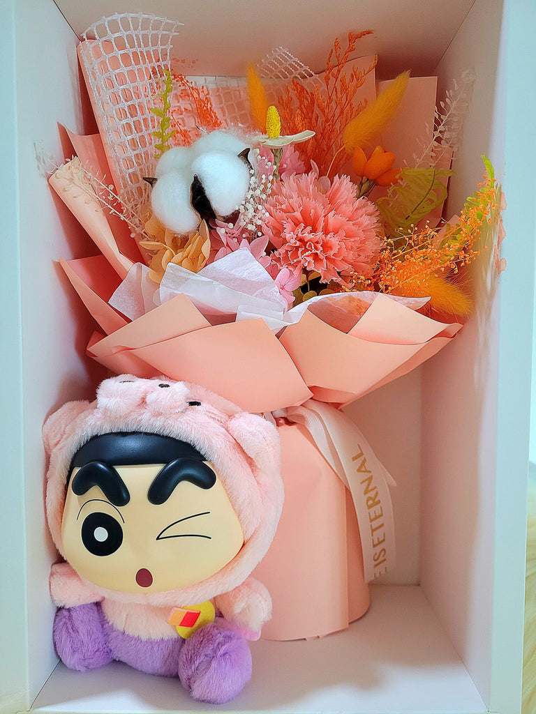 Eternal Blossoms Preserved Champagne Carnation Bouquet With Crayon Shin-Chan Vinyl Plush