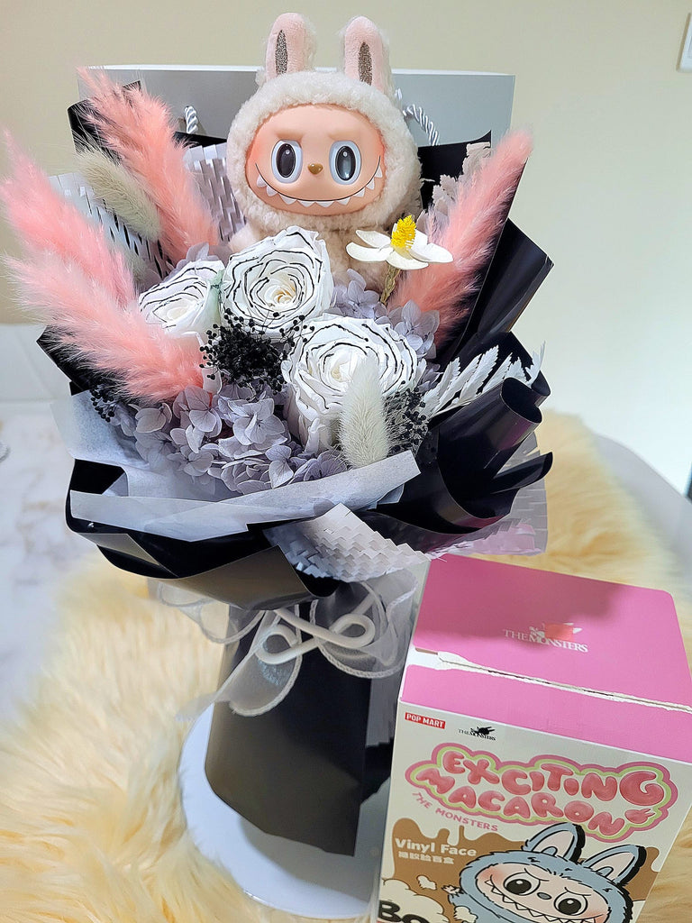 AUTHENTIC LABUBU Plush With Timeless Romance Chanel White Preserved Roses Bouquet
