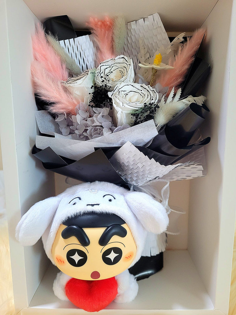 Timeless Romance Chanel White Preserved Roses Bouquet With Crayon Shin-Chan Vinyl Plush