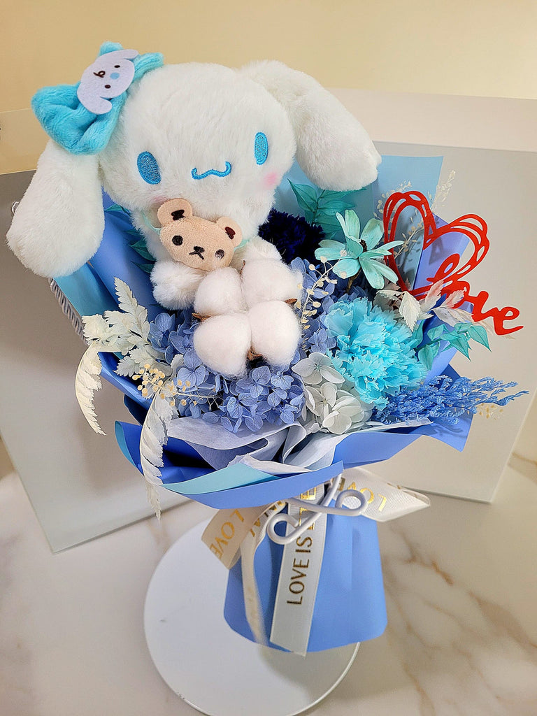 Eternal Blossoms Preserved Dark Blue Carnation Bouquet With Cinnamoroll Plush