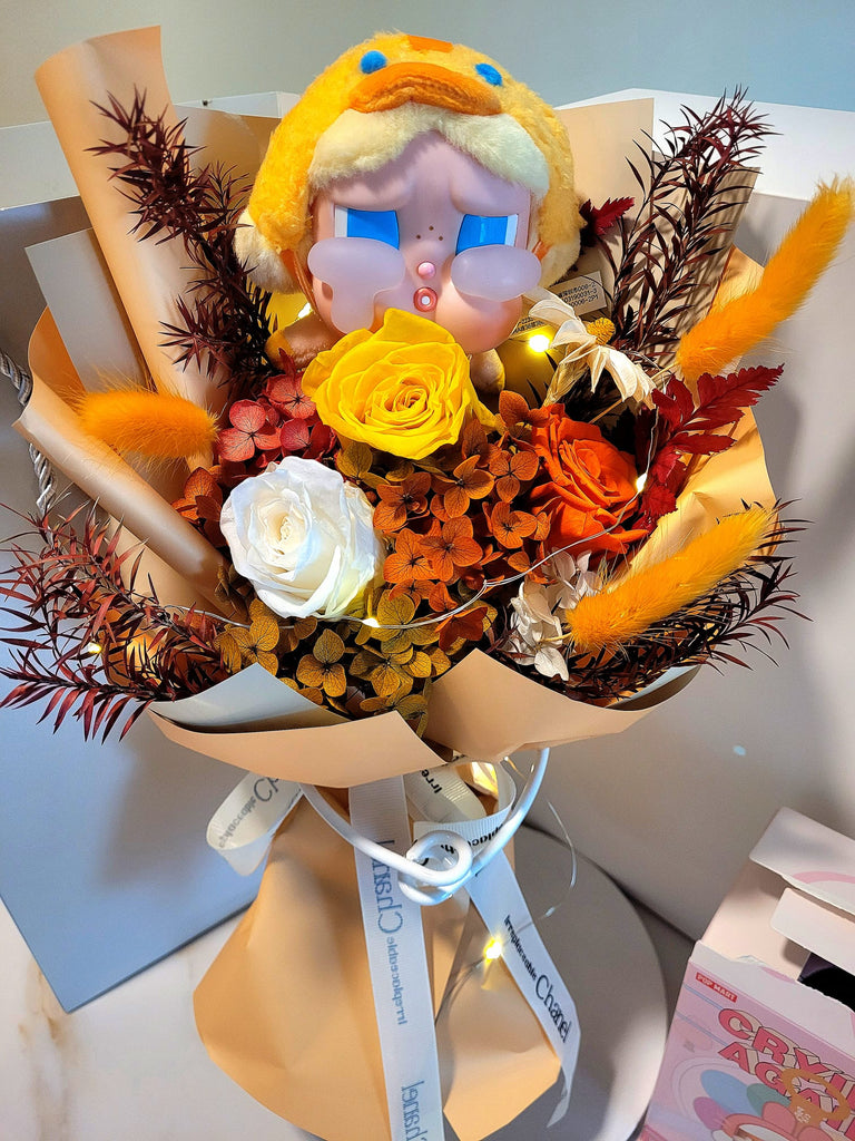 AUTHENTIC CRYBABY Plush With Eternal Elegance Orange Yellow White Preserved Roses Bouquet.