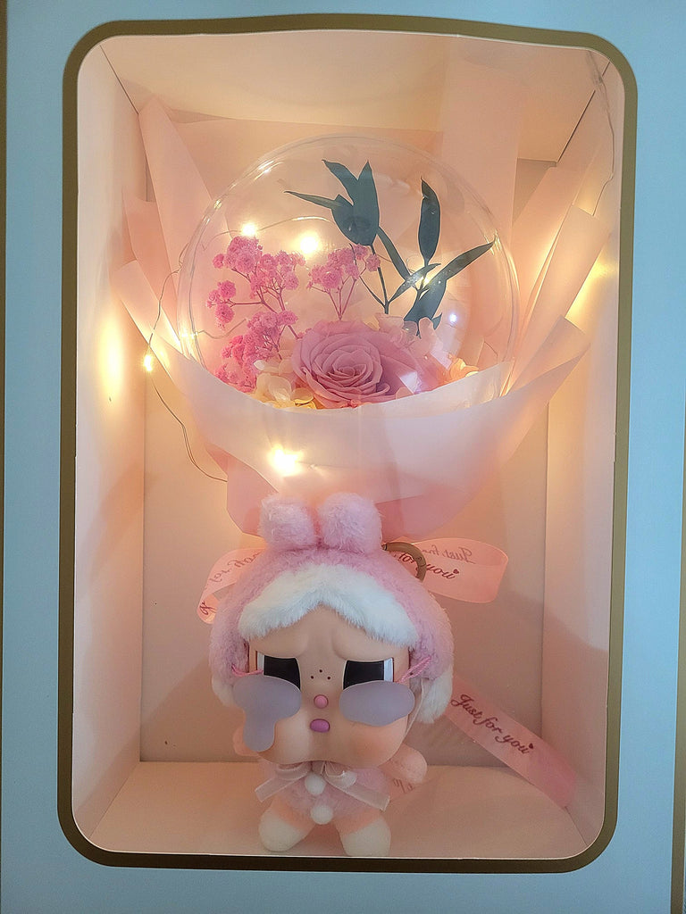 AUTHENTIC CRYBABY Plush with Acrylic Ball Preserved Pink Rose Flowers Bouquet