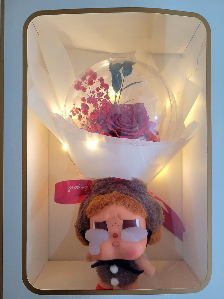 AUTHENTIC CRYBABY Plush with Acrylic Ball Preserved Red Rose Flowers Bouquet