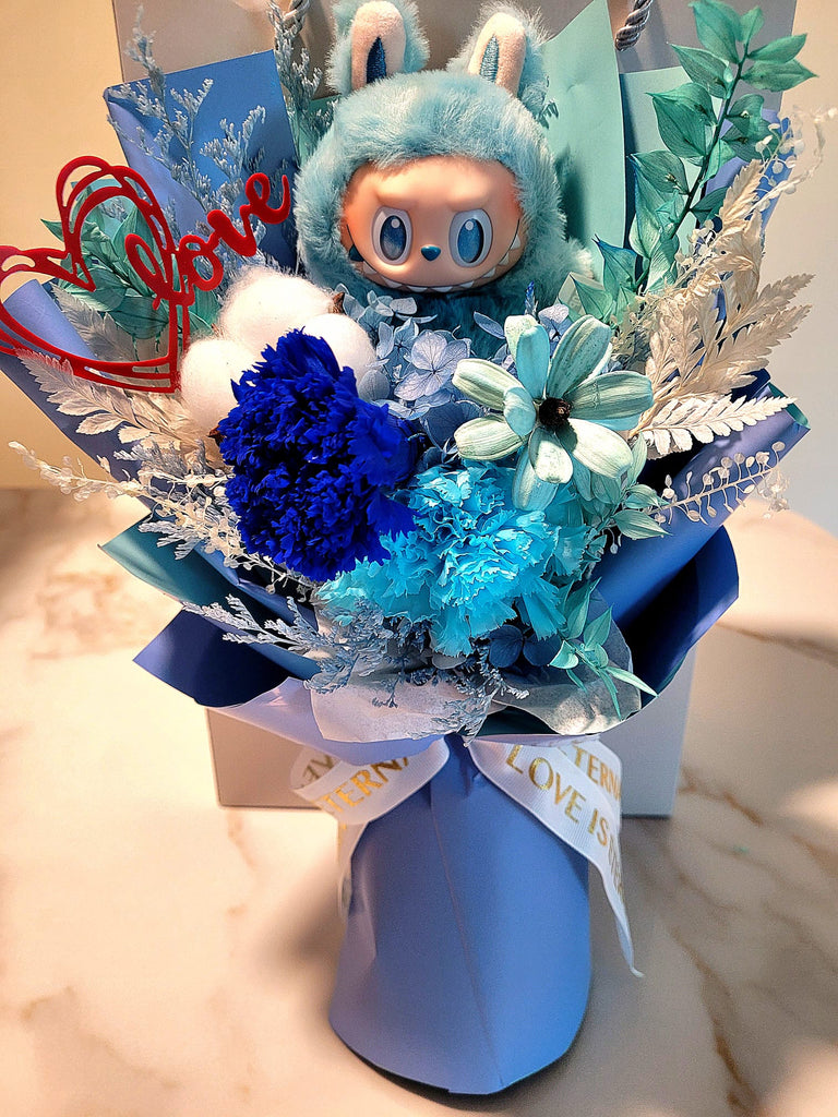 AUTHENTIC Big Into Energy / Macaron Labubu With Eternal Blossoms Preserved Dark Blue Carnation Bouquet.