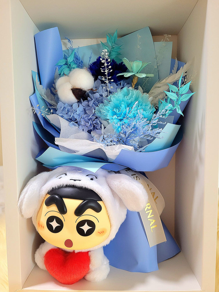 Eternal Blossoms Preserved Dark Blue Carnation Bouquet With Crayon Shin-Chan Vinyl Plush