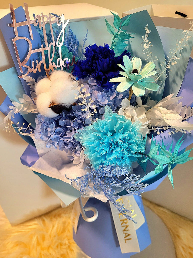 Eternal Blossoms Preserved Dark Blue Carnation Bouquet. Same Day Delivery.