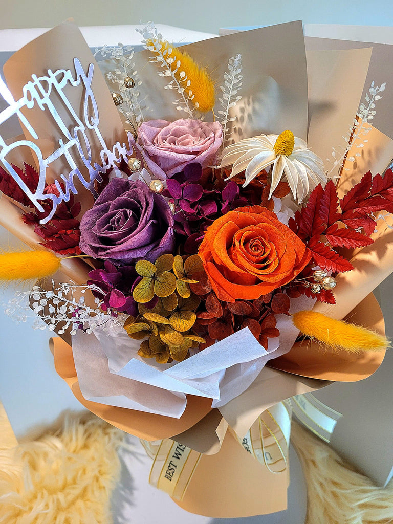 Timeless Romance Dark Orange, Smoke And Light Pink Preserved Roses Bouquet.