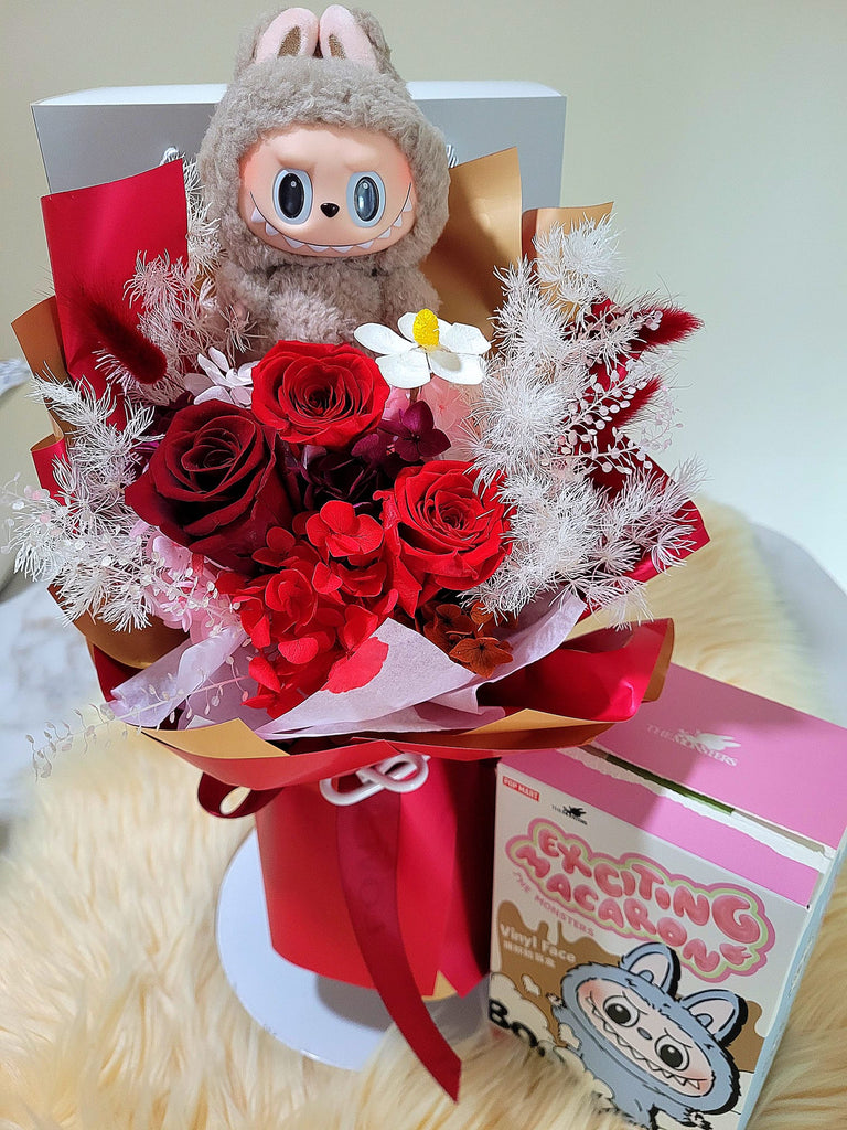AUTHENTIC LABUBU Plush With Timeless Romance Dark Red, Wine Red and Antique Red Preserved Roses Bouquet