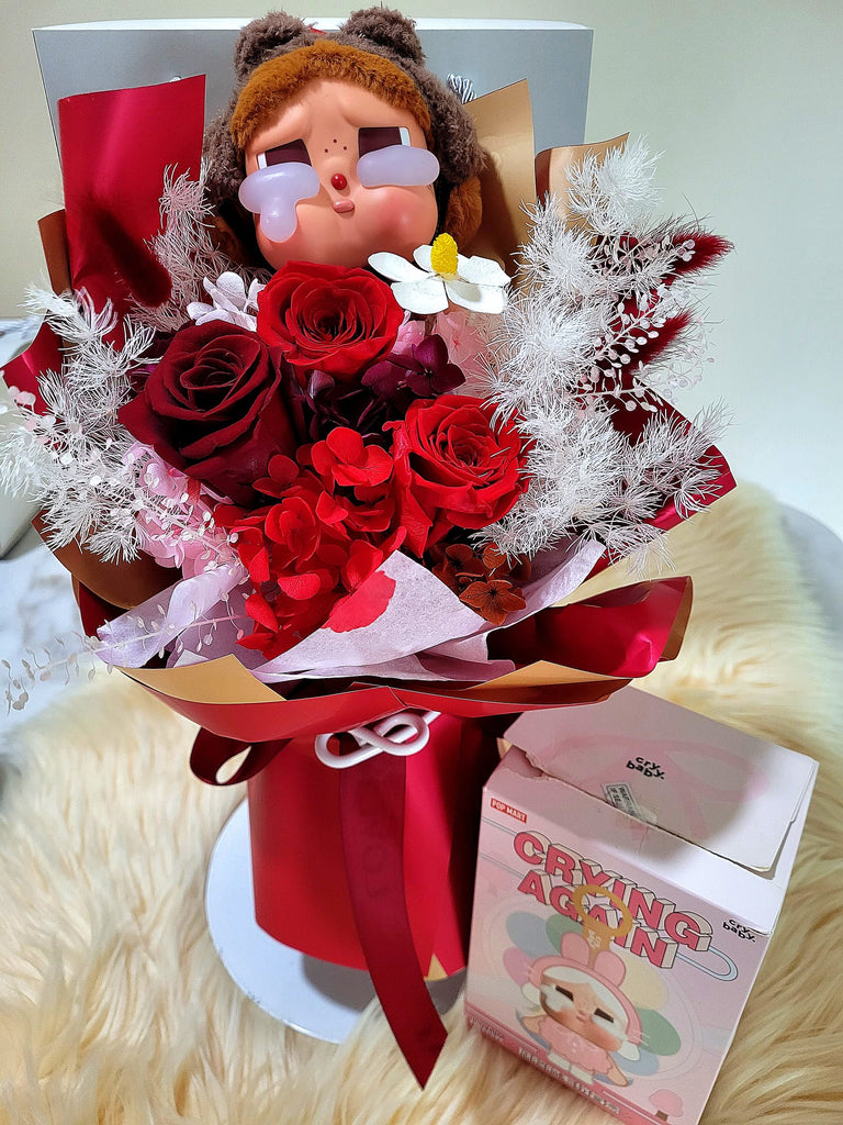 AUTHENTIC CRYBABY Plush With Timeless Romance Dark Red, Wine Red and Antique Red Preserved Roses Bouquet