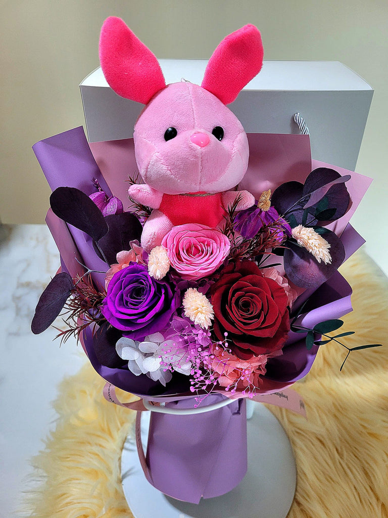 Timeless Romance Dark Purple, Dark Red and Light Pink Preserved Roses Bouquet With Piglet Plush