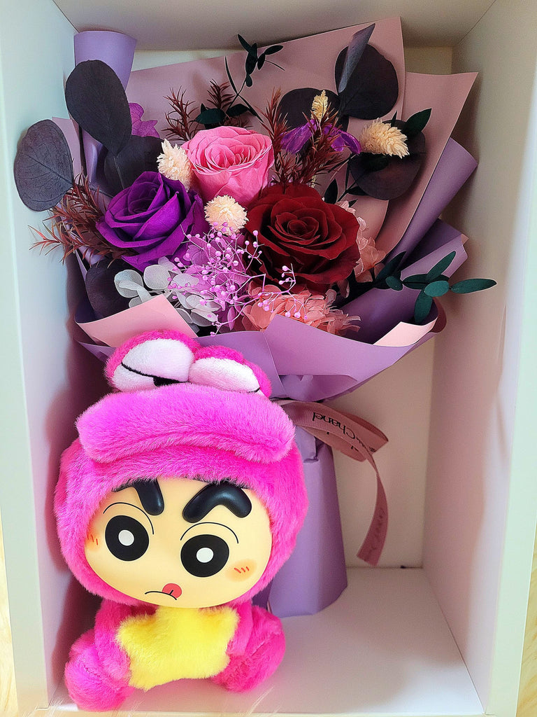 Timeless Romance Dark Purple, Dark Red and Light Pink Preserved Roses Bouquet With Crayon Shin-Chan Vinyl Plush