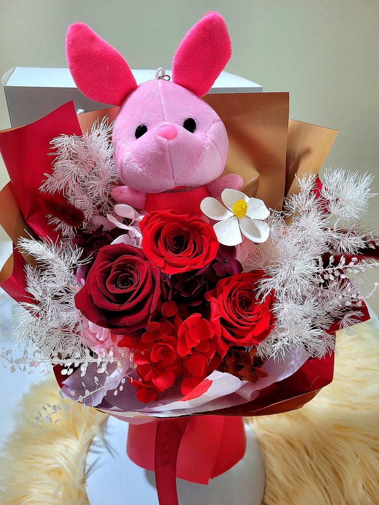 Timeless Romance Dark Red, Wine Red and Antique Red Preserved Roses Bouquet With Piglet