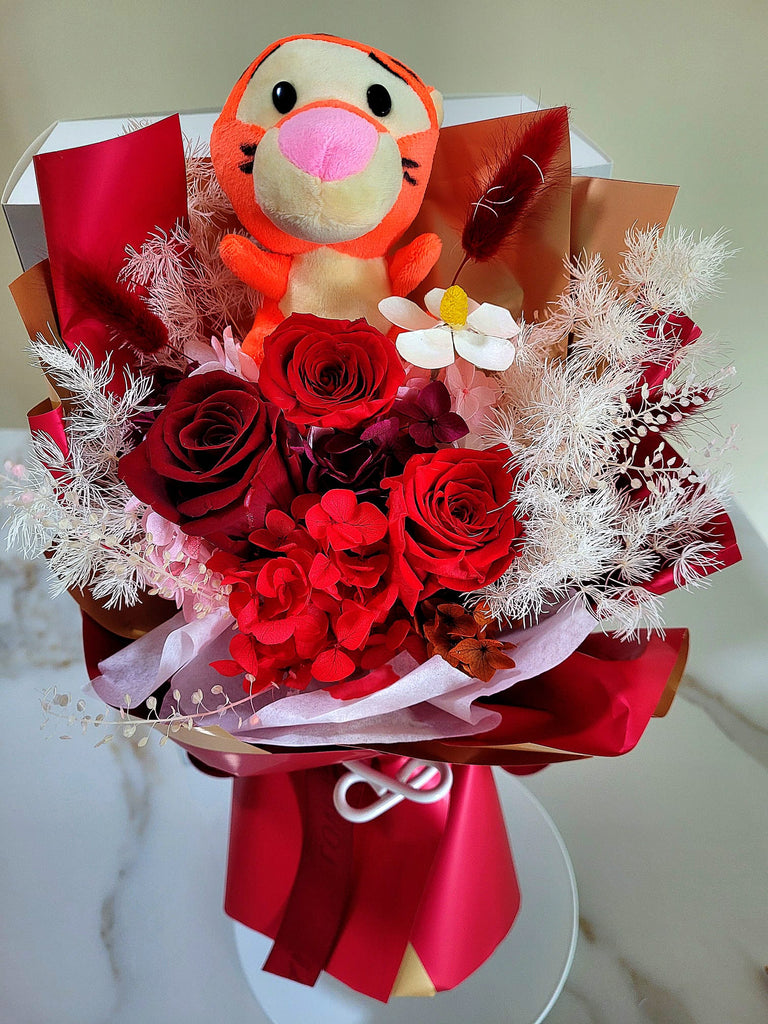 Timeless Romance Dark Red, Wine Red and Antique Red Preserved Roses Bouquet With Tigger Plush
