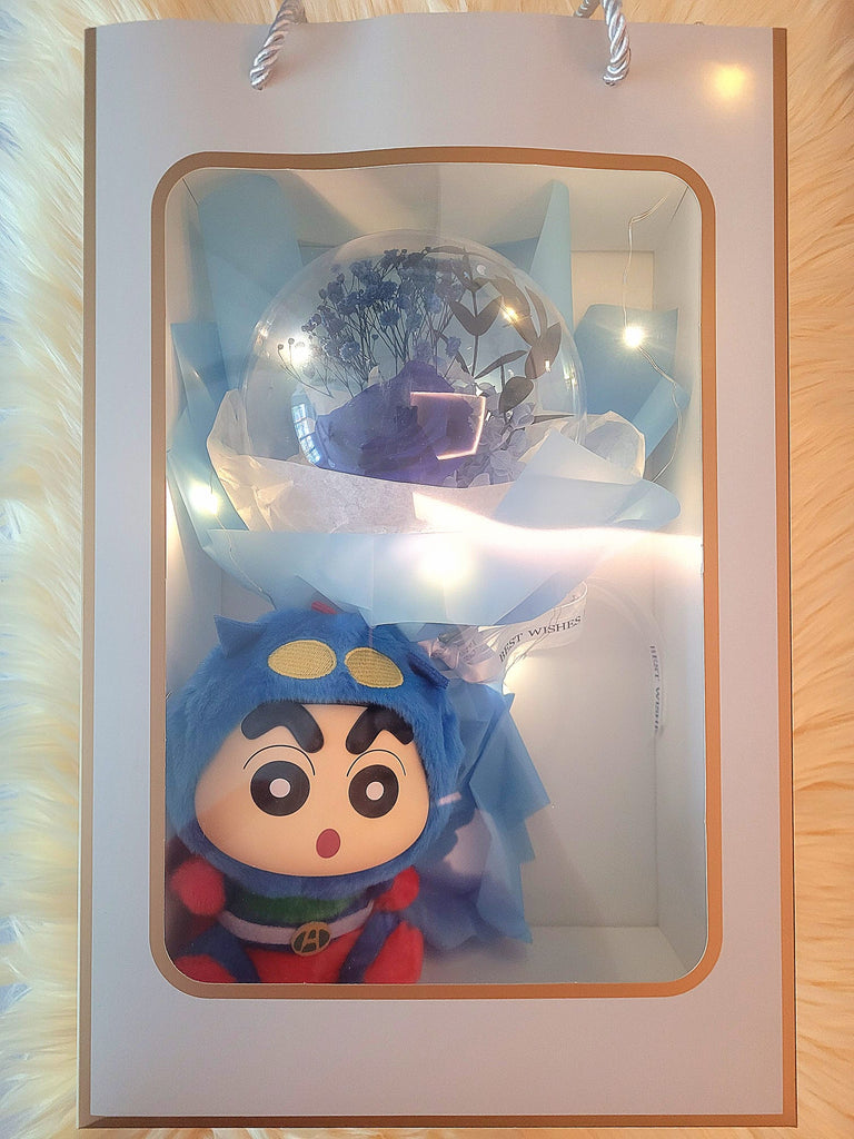 Acrylic Ball Preserved Dark Blue Rose Flowers Bouquet With Crayon Shin-Chan Vinyl Plush