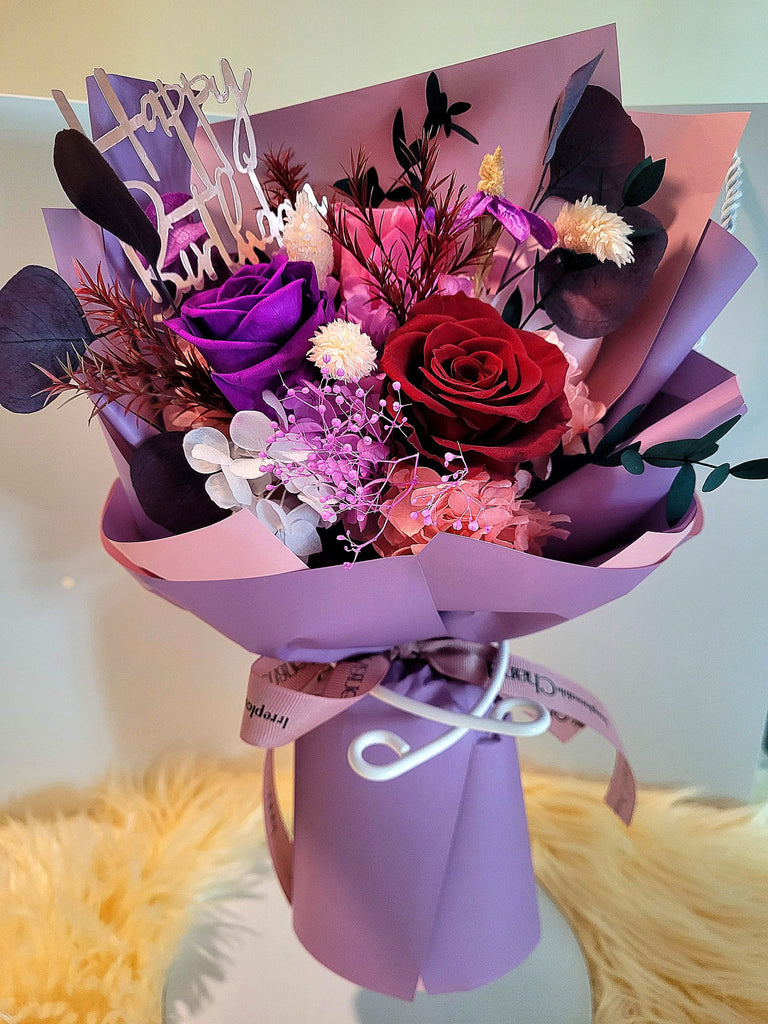 Timeless Romance Dark Purple, Dark Red and Light Pink Preserved Roses Bouquet. 100% High Quality Real Flowers.