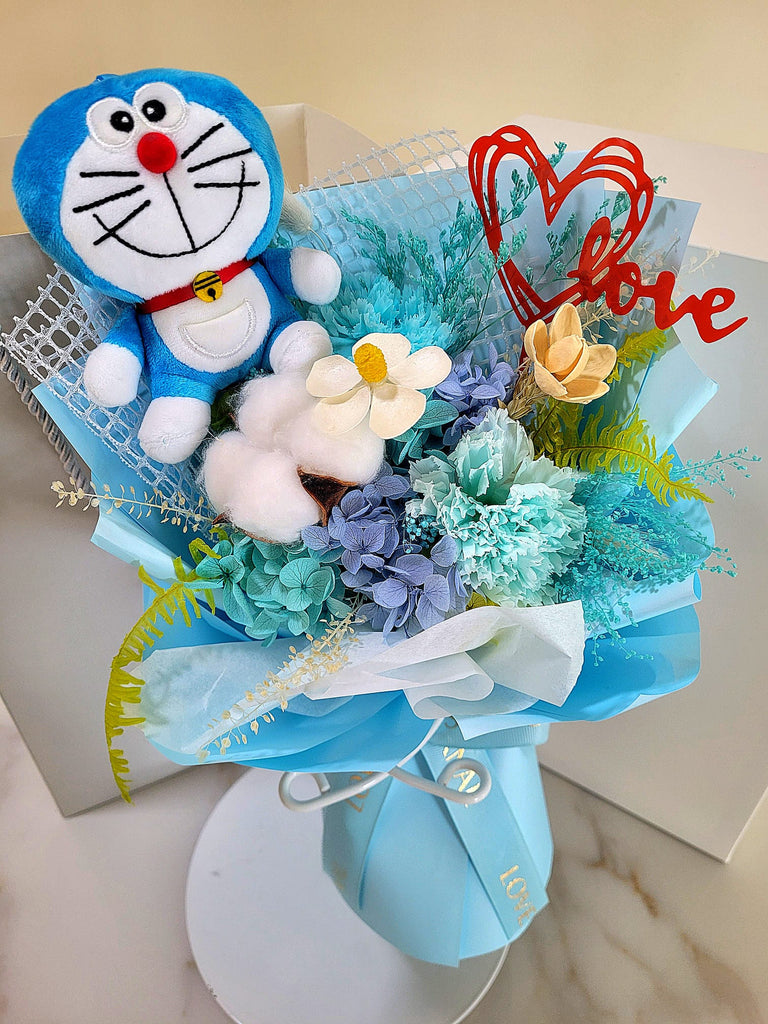 Eternal Blossoms Preserved Blue Carnation Bouquet With Doraemon Plush