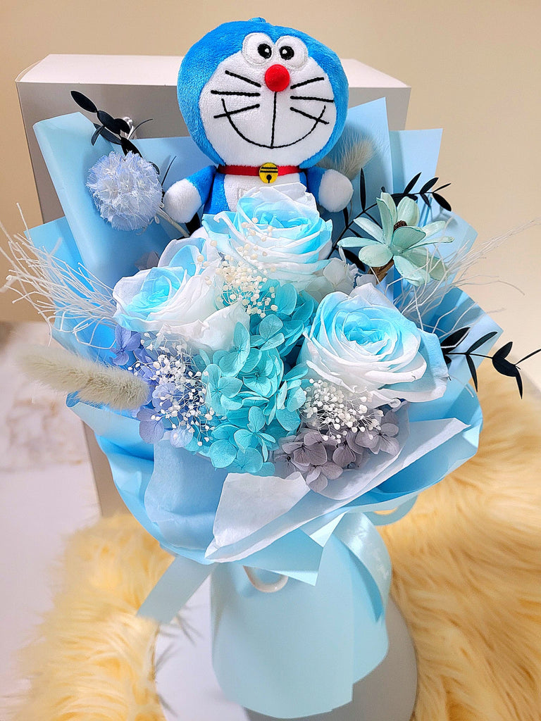 Timeless Romance Multi-Blue Preserved Roses Bouquet With Doraemon Plush Toy