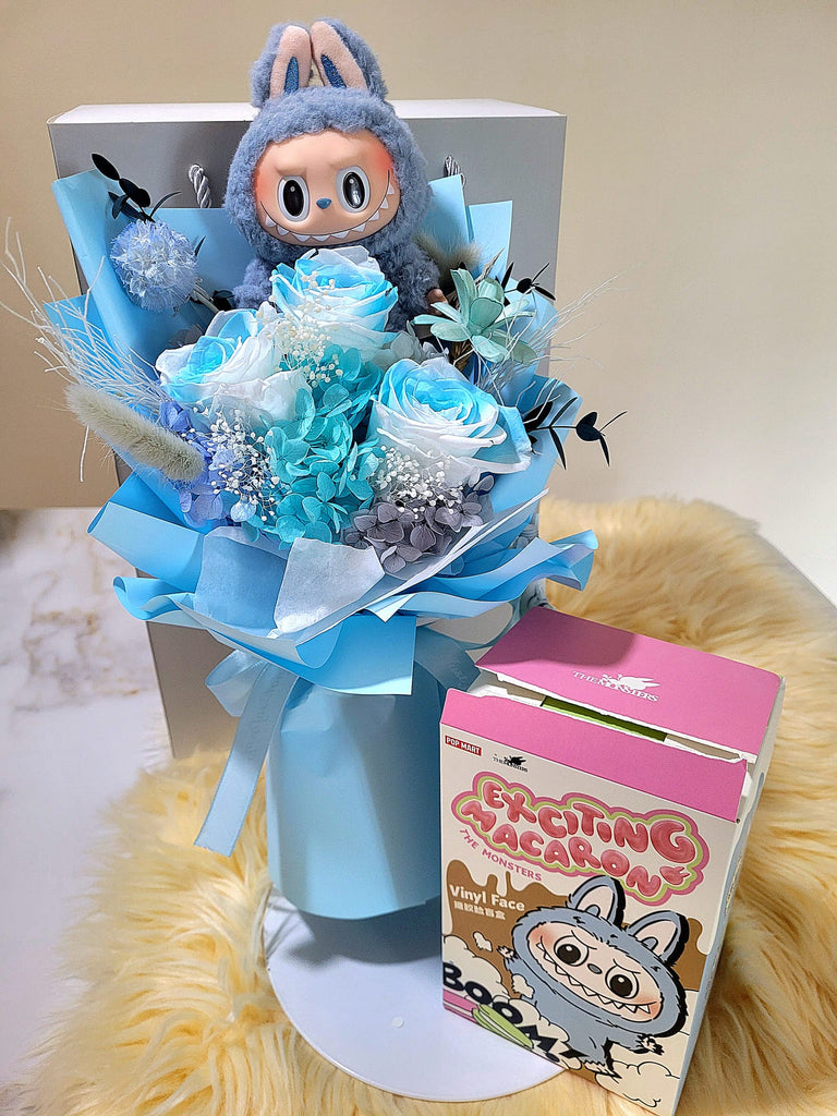 AUTHENTIC LABUBU Plush with Timeless Romance Multi Blue Preserved Roses Bouquet