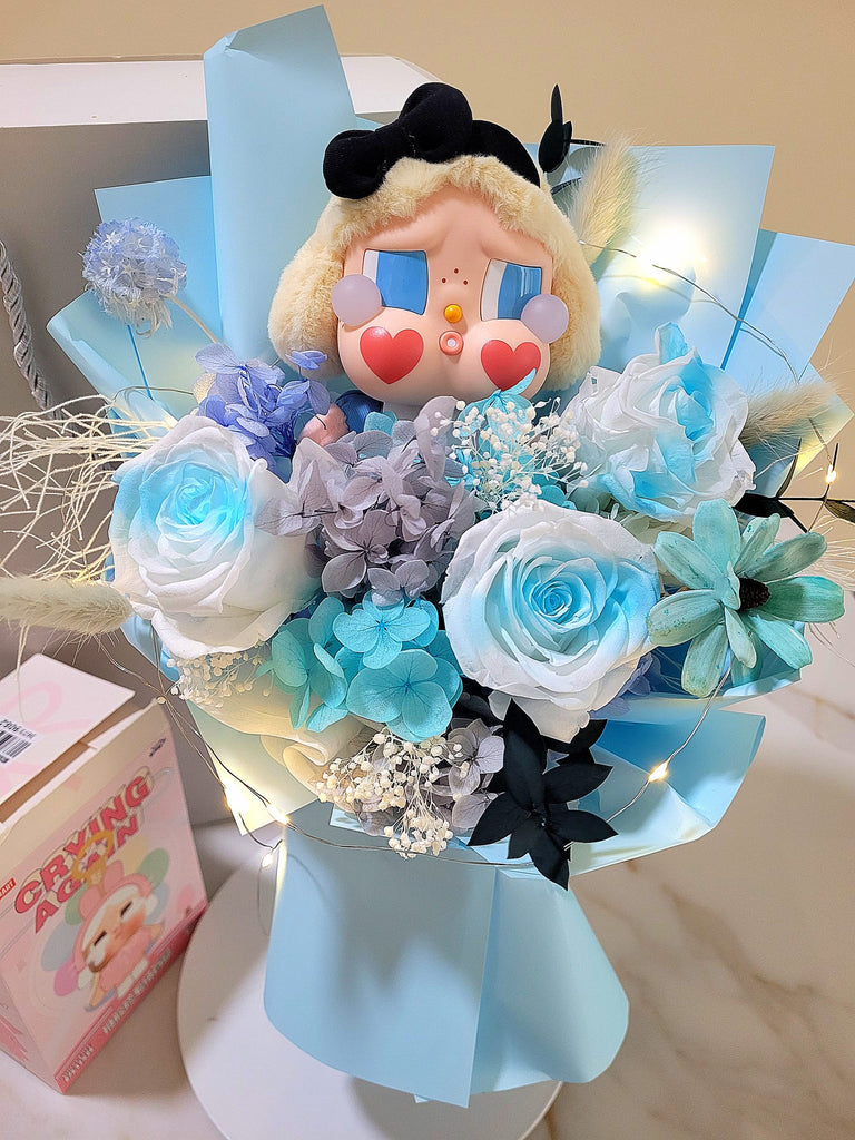 AUTHENTIC CRYBABY Plush with Timeless Romance Multi Blue Preserved Roses Bouquet