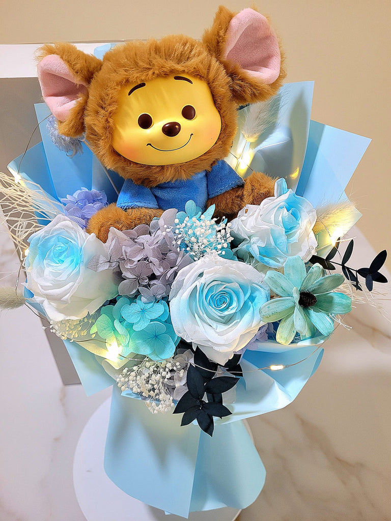 Premium Miniso Winnie The Pooh Plush With Timeless Romance Multi-Blue Preserved Roses Bouquet