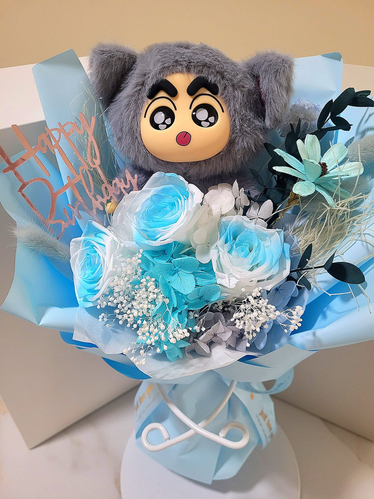 Crayon Shin-Chan Vinyl Plush With Timeless Romance Multi-Blue Preserved Roses Bouquet.