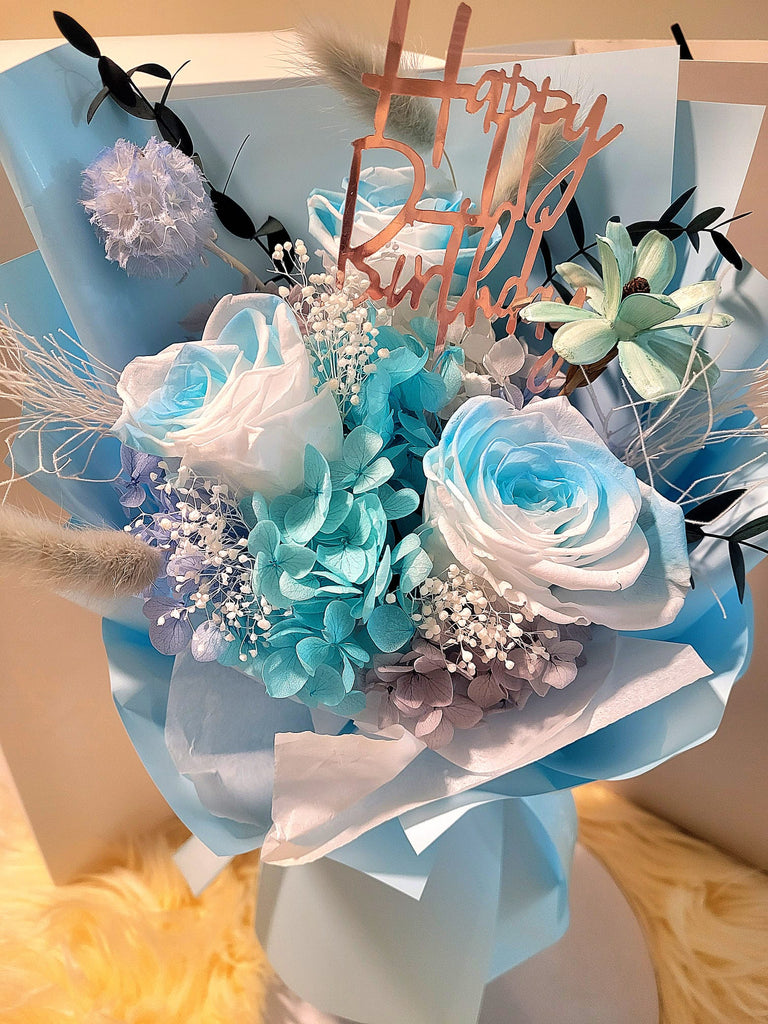 Timeless Romance Multi-Blue Preserved Roses Bouquet. 100% High Quality Real Flowers.
