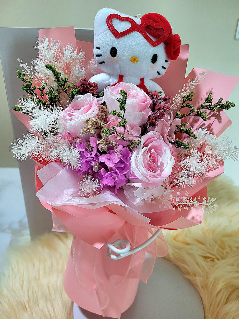 Timeless Romance Multi-Pink Preserved Roses Bouquet With Hello Kitty Plush
