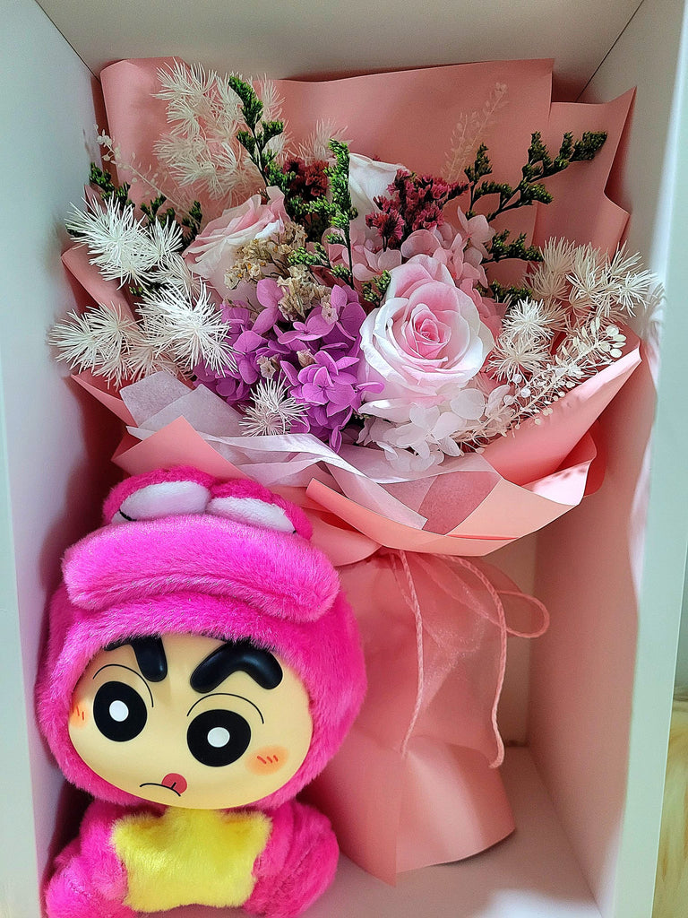 Timeless Romance Multi-Pink Preserved Roses Bouquet With Crayon Shin-Chan Vinyl Plush