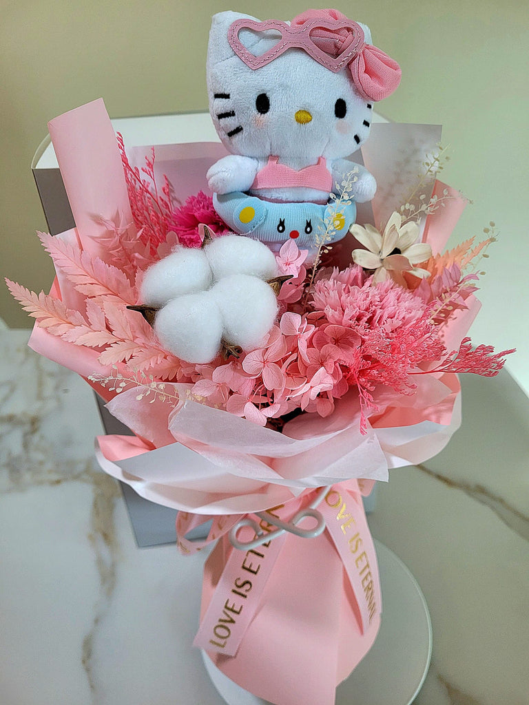 Eternal Blossoms Preserved Pink Carnation Bouquet With Hello Kitty Plush