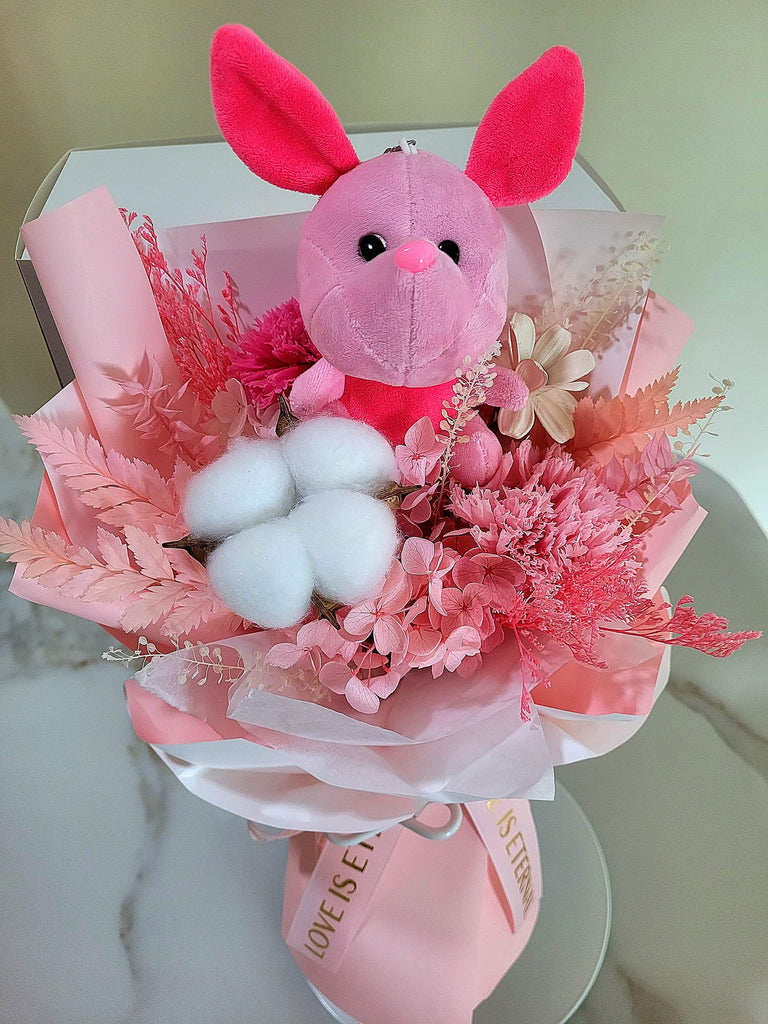 Eternal Blossoms Preserved Pink Carnation Bouquet With Piglet Plush