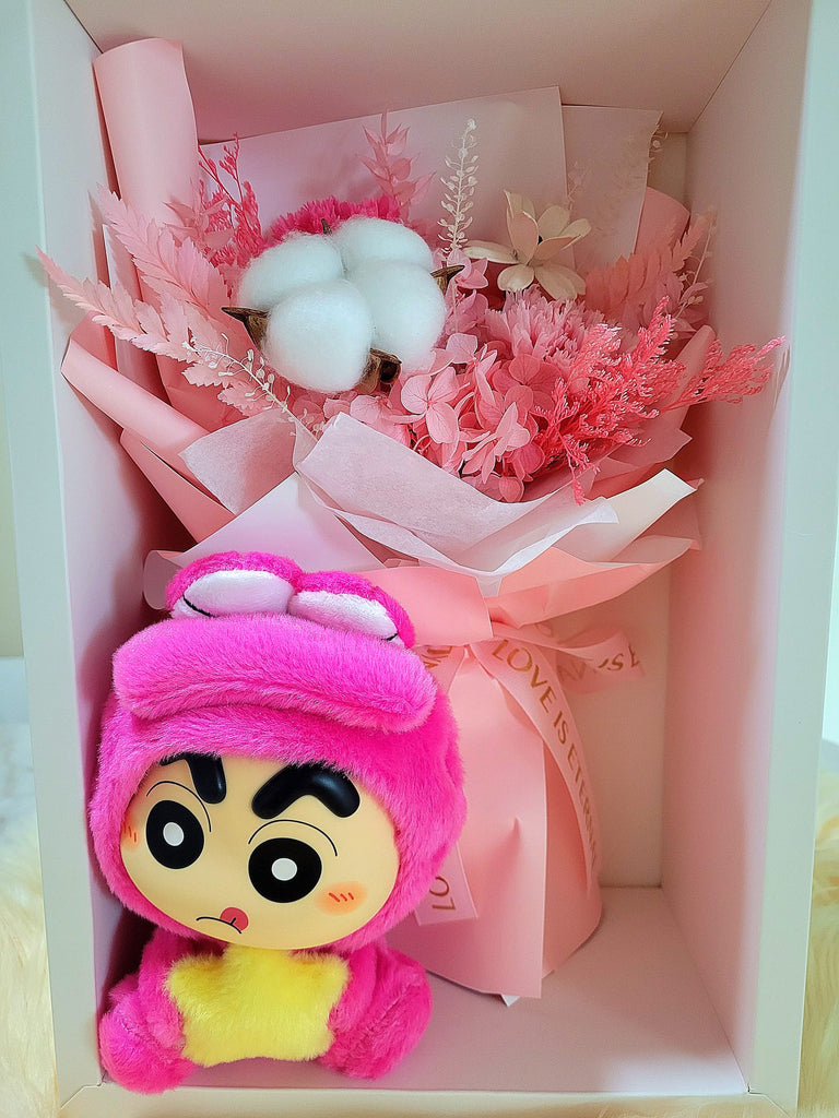 Eternal Blossoms Preserved Pink Carnation Bouquet With Crayon Shin-Chan Vinyl Plush