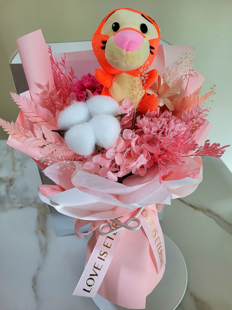 Eternal Blossoms Preserved Pink Carnation Bouquet With Tigger Plush