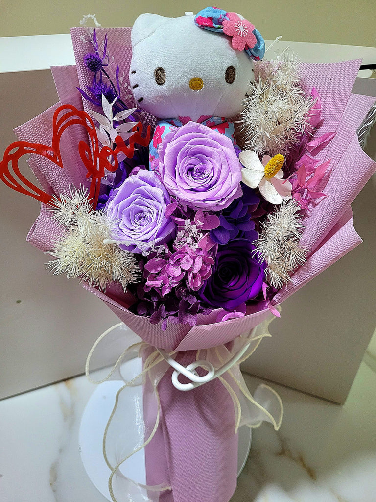 High Esteem Preserved Flowers Bouquet With Hello Kitty Plush Toy