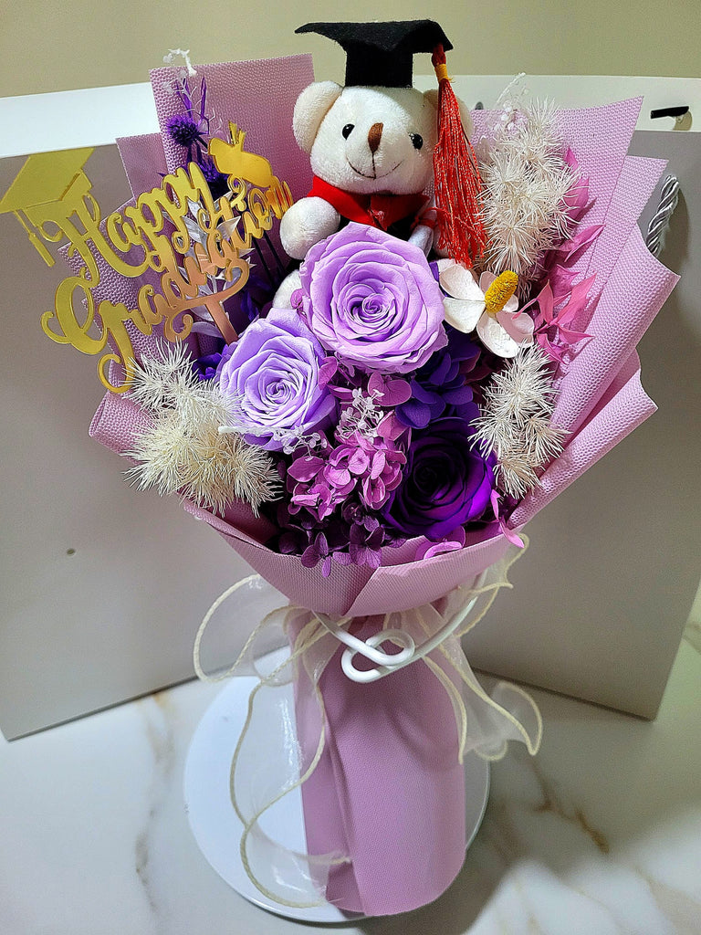 Graduation Bouquet: High Esteem Preserved Flowers Bouquet With Teddy Bear v2