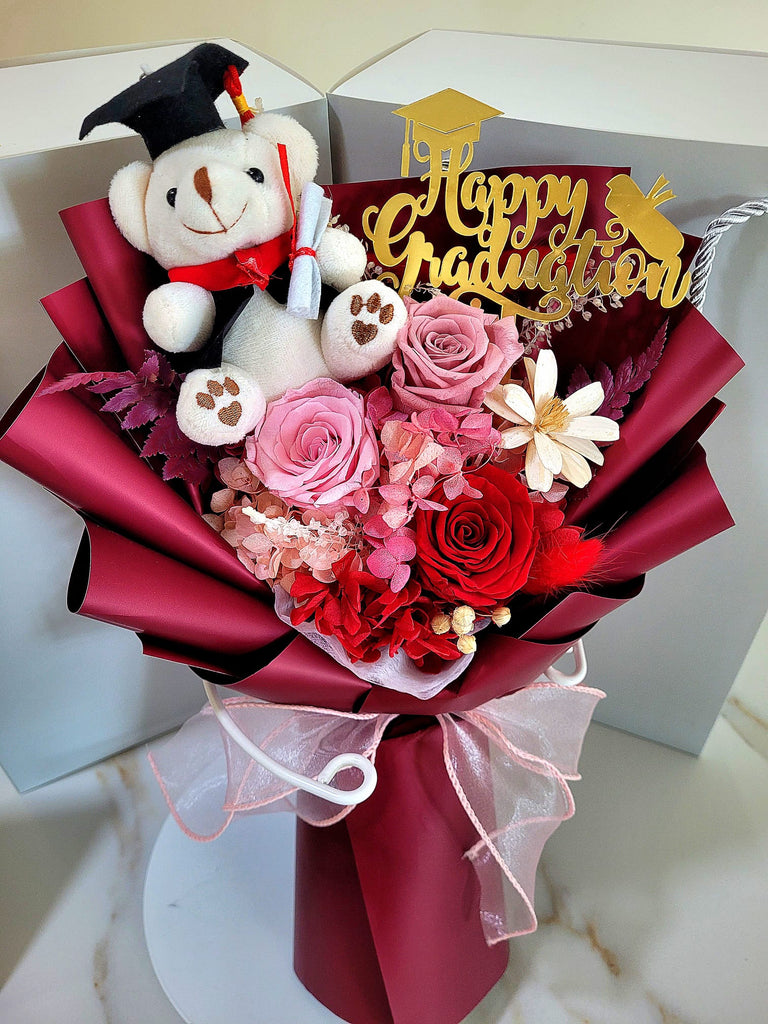 Graduation Bouquet: Eternal Elegance Red Pink Preserved Roses With Teddy Bear v2