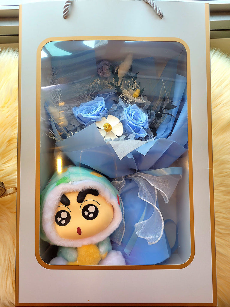 (LIMITED EDITION) Timeless Romance Blue Preserved Roses Bouquet With Limited Edition Crayon Shin-Chan Vinyl Plush Toy. Same Day Delivery.