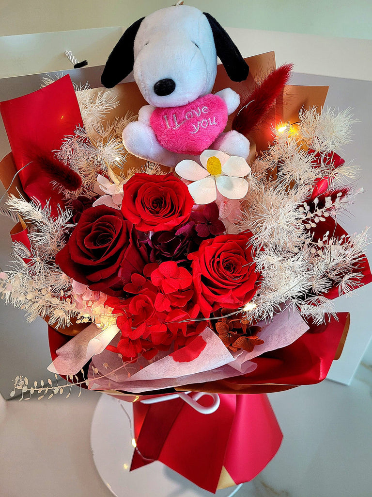 Timeless Romance Dark Purple, Dark Red and Light Pink Preserved Roses Bouquet With Snoopy Plush