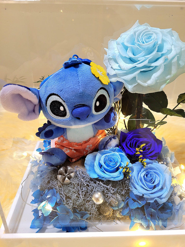 Premium Stitch Plush & Preserved Flowers In Acrylic Box.