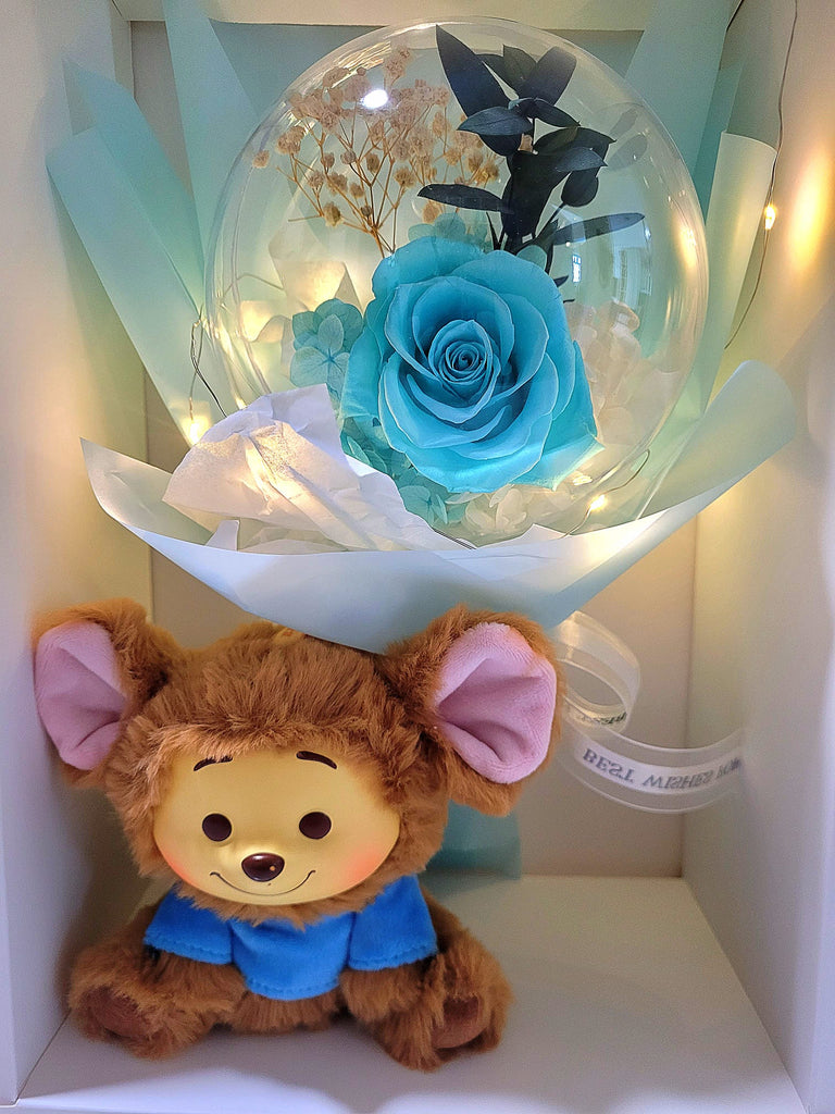 Premium Miniso Winnie The Pooh Vinyl Plush With Acrylic Ball Preserved Tiffany Rose Flowers Bouquet