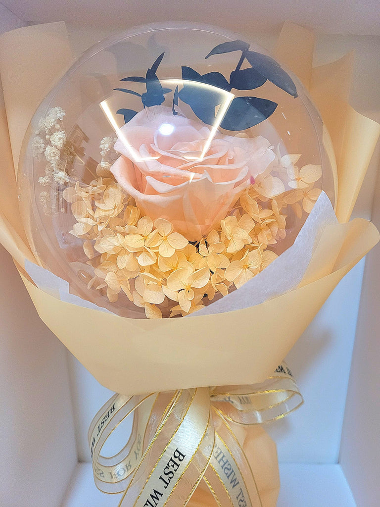Acrylic Ball Preserved Champagne Rose Flowers Bouquet